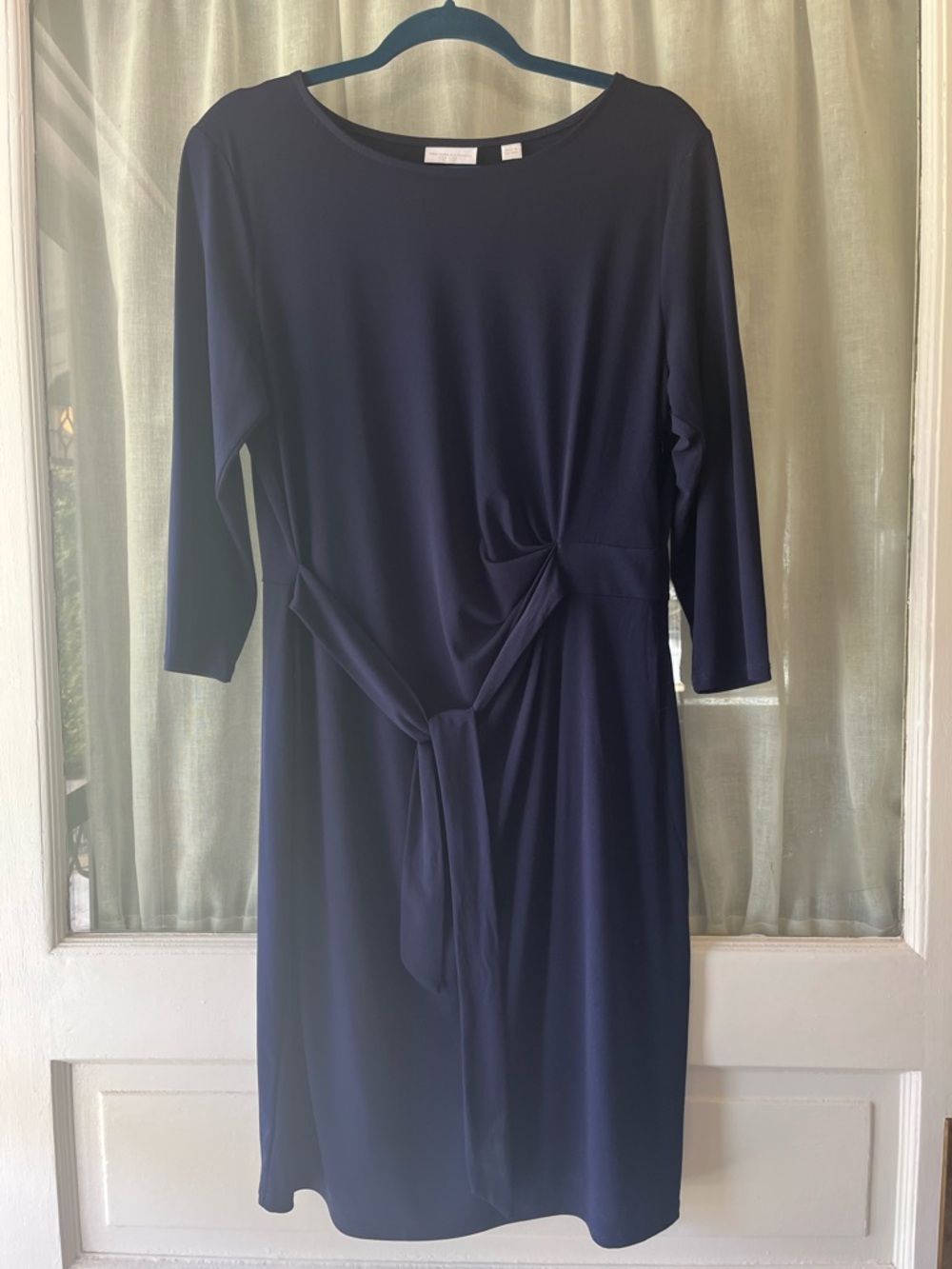 Women’s Navy Knot-Front Rouched Waist Minimalist Stretch Career Dress